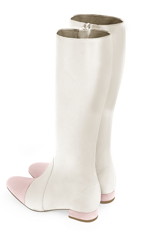Powder pink and off white women's feminine knee-high boots. Round toe. Flat block heels. Made to measure. Rear view - Florence KOOIJMAN
